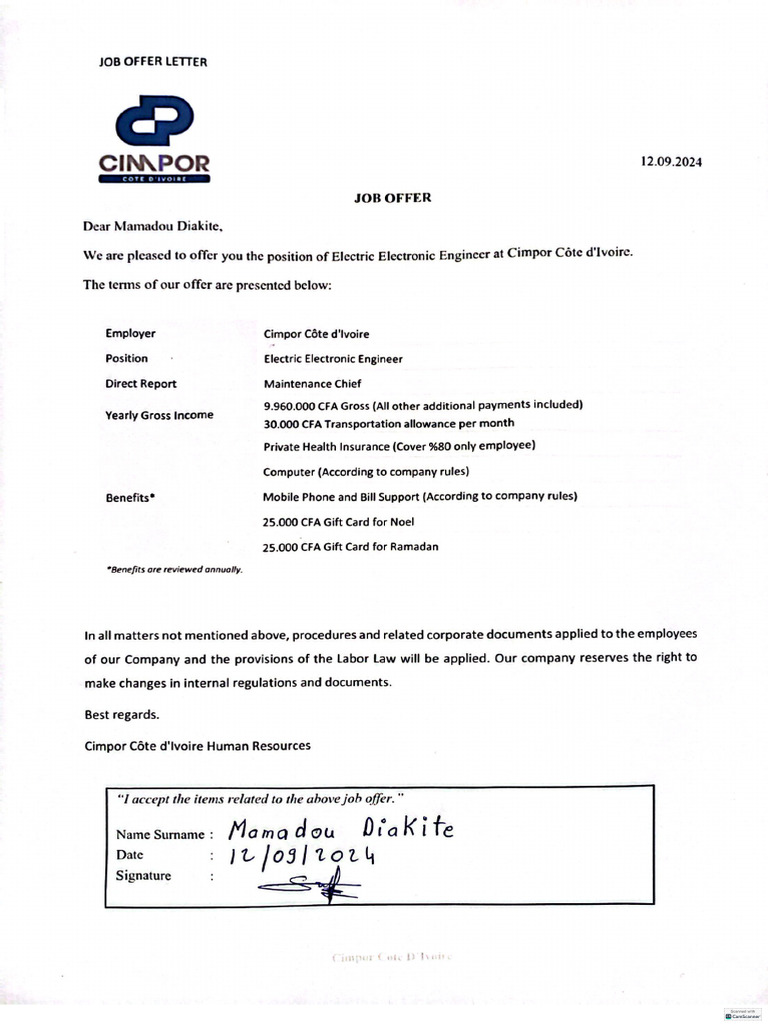 Job Offer Scanned | PDF