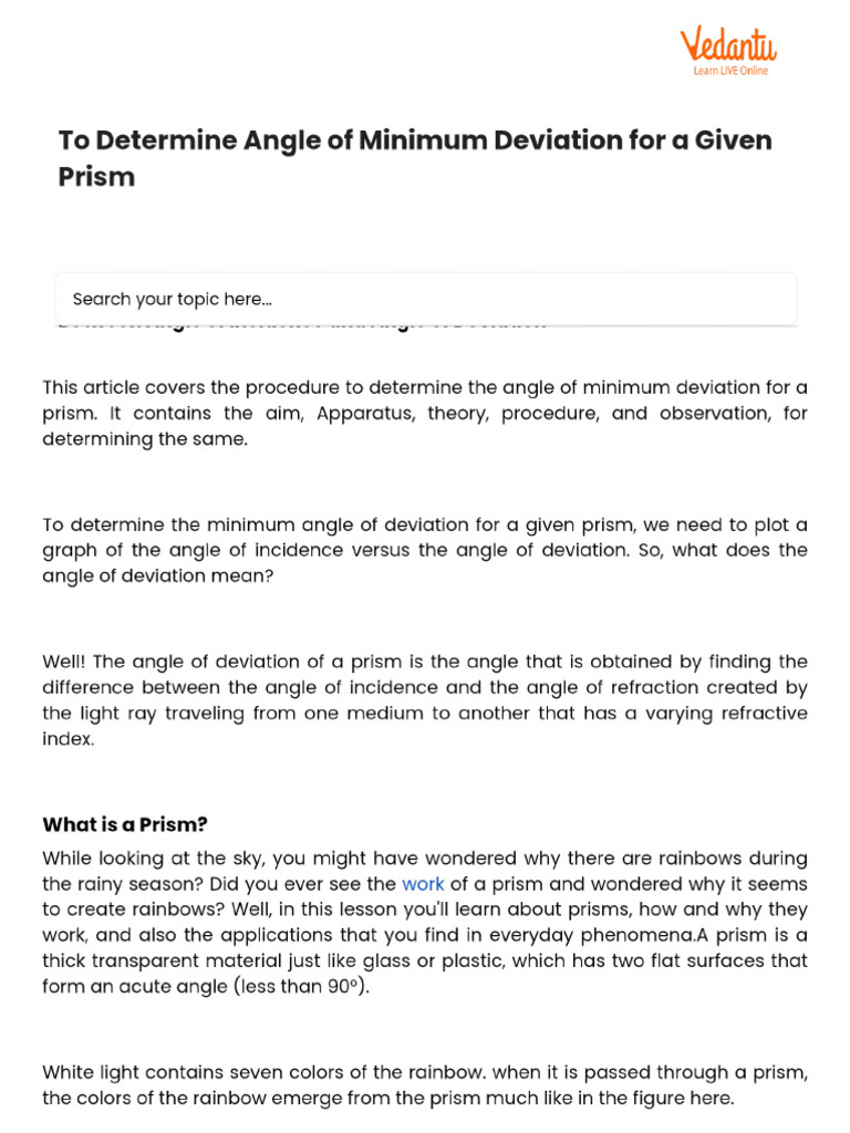 To Determine Angle of Minimum Deviation For A Given Prism | PDF