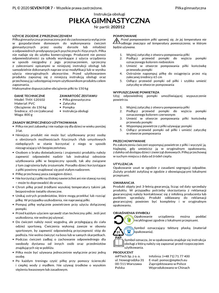 Seven For 7 Pilka Gimnastyczna Instrukcja Obslugi PL en | PDF