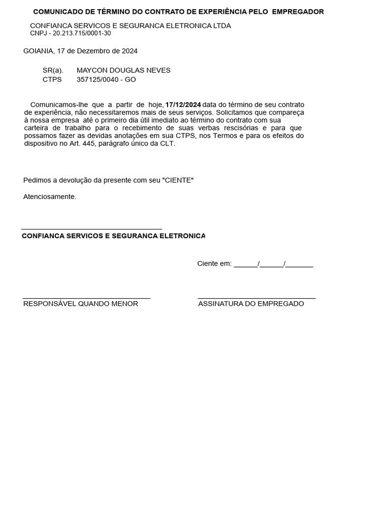 Comunicado de Término de Contrato de Experiência | PDF