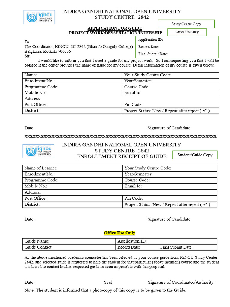 IGNOU Project Guide Application Form | PDF