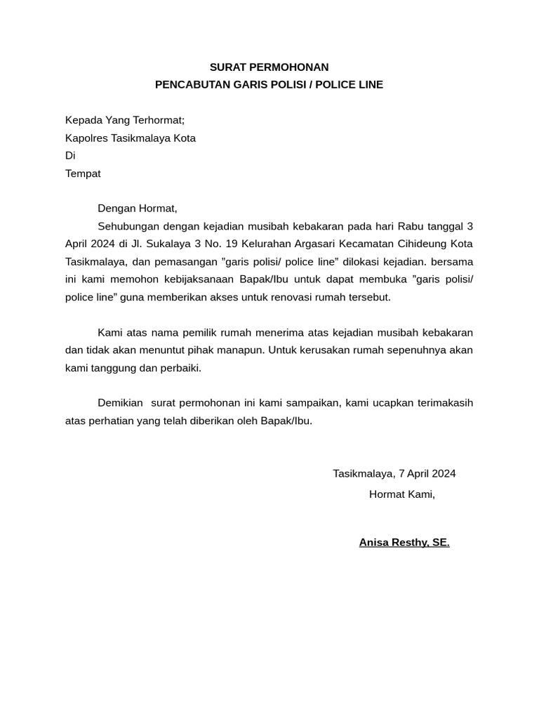 Permohonan Pencabutan Garis Polisi | PDF