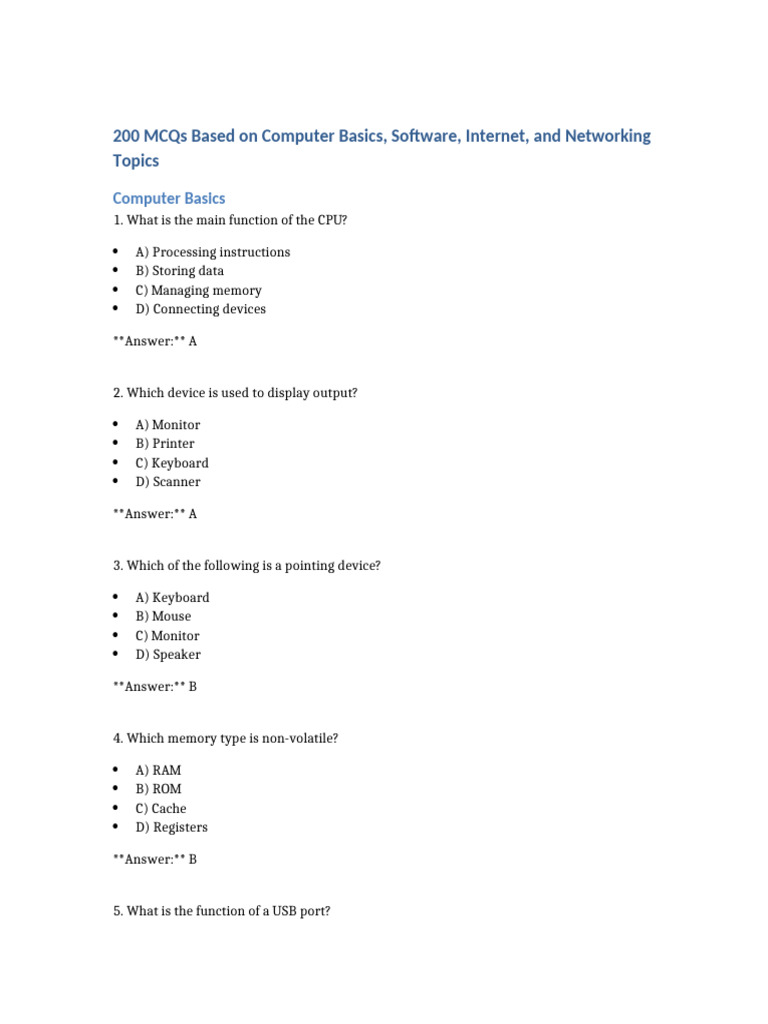 200 MCQs on Computer Basics & Networking | PDF