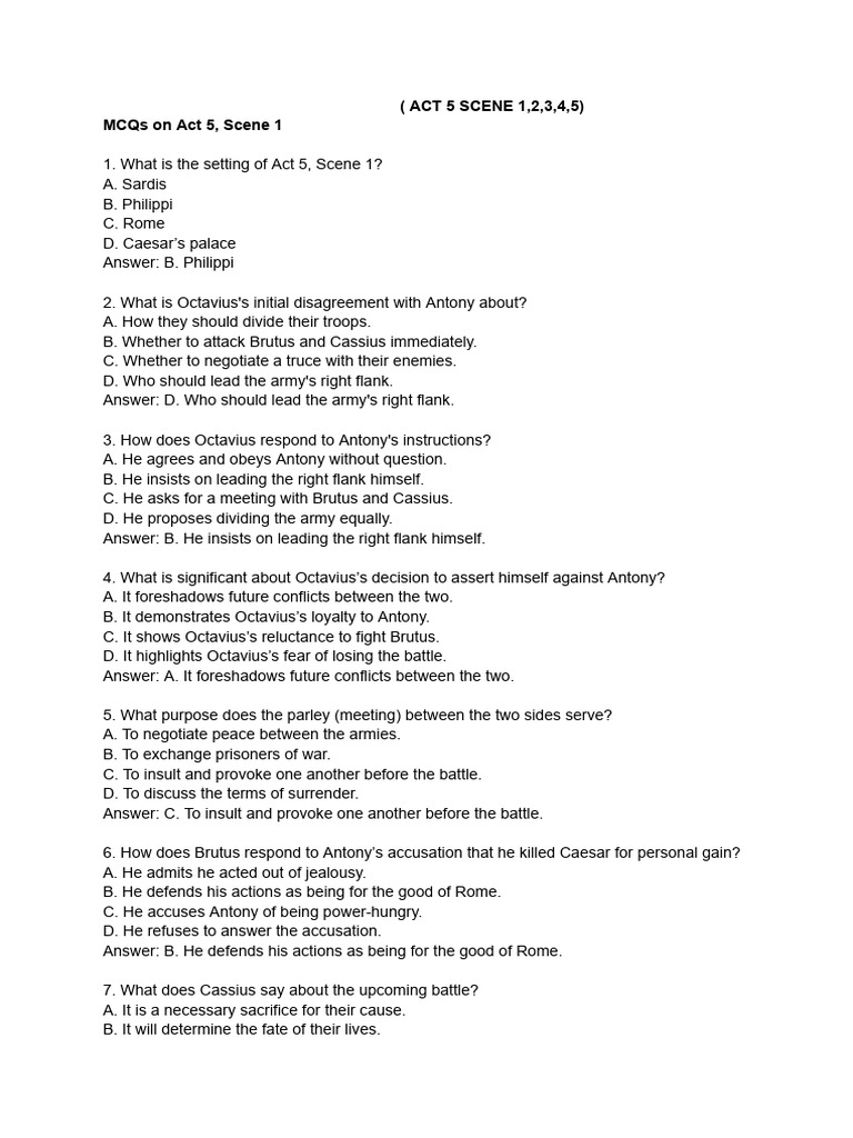 Act 5 Scene 1: Key Questions & Answers | PDF | Mark Antony | Augustus