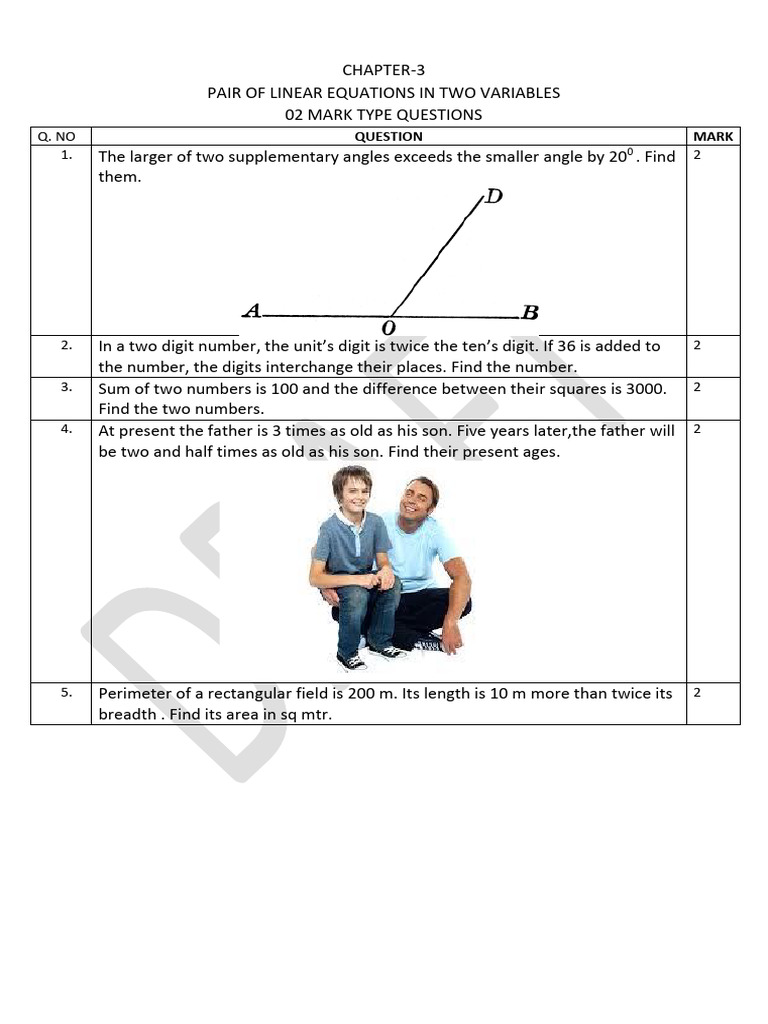 2 Mark Type (Linear Equations in Two Variables) | PDF | Equations ...