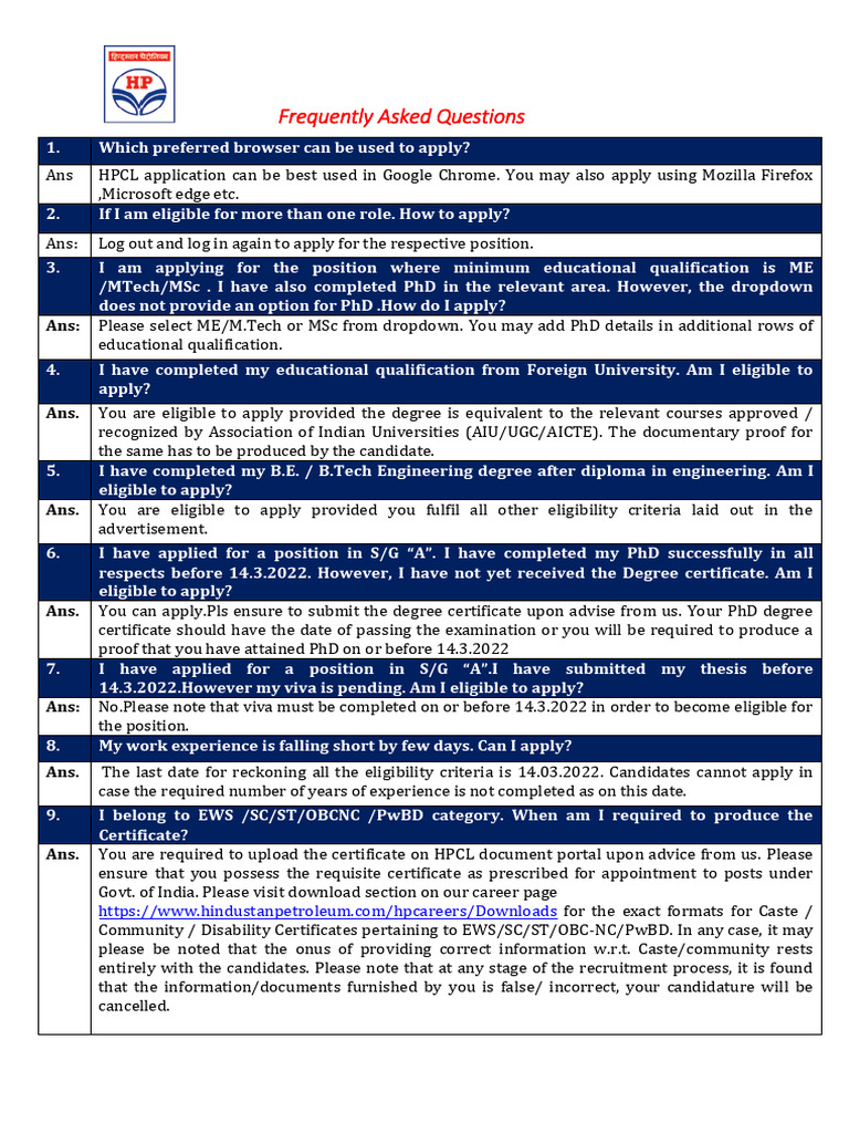 HPCL Application FAQs and Guidelines | PDF | Pension