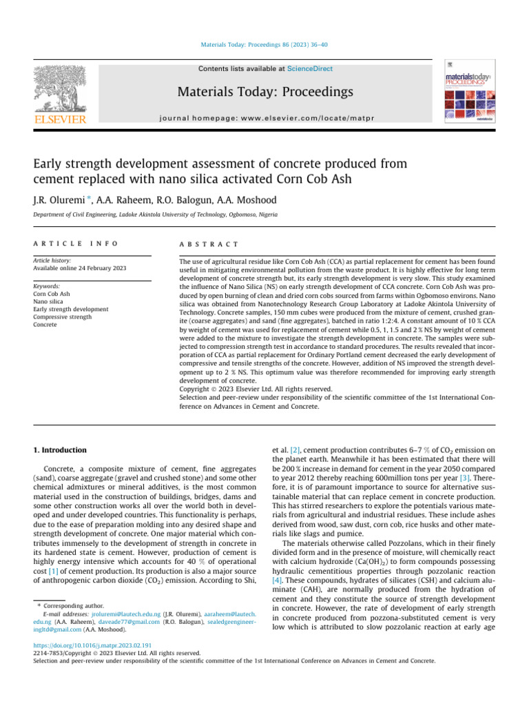 Early strength development assessment of concrete produced from cement ...