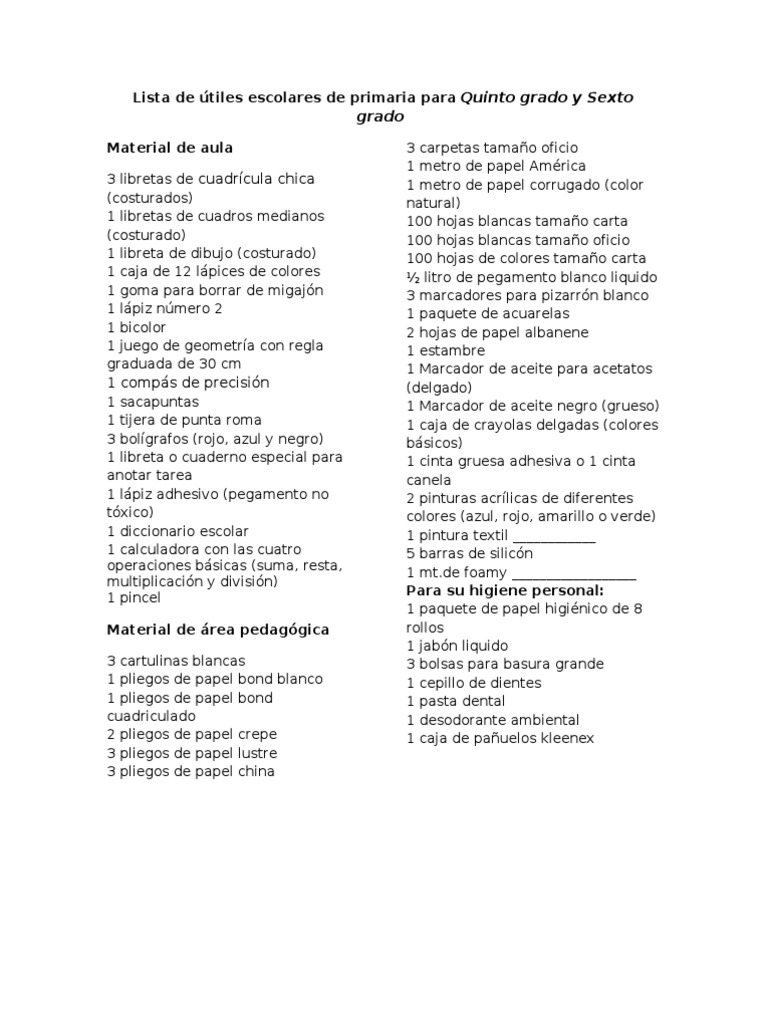Lista de útiles escolares de primaria para Quinto grado y Sexto grado
