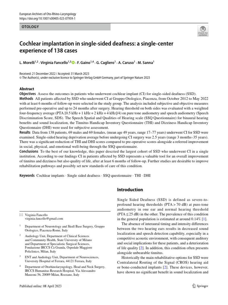 Cochlear Implantation in SSD | PDF | Hearing | Audiology