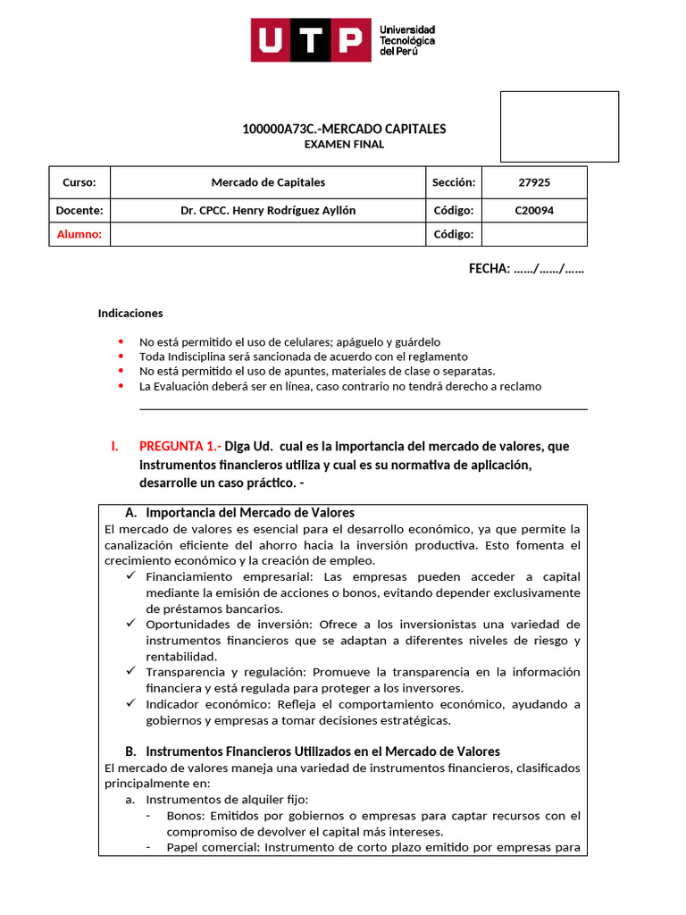 Examen Final de Mercado de Capitales | PDF | Mercado (economía) | Bolsa ...