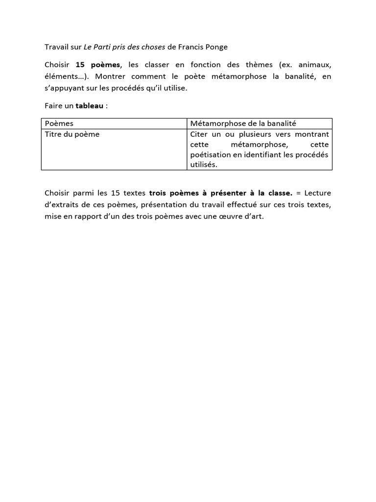 Travail Sur Le Parti Pris Des Choses de Francis Ponge | PDF