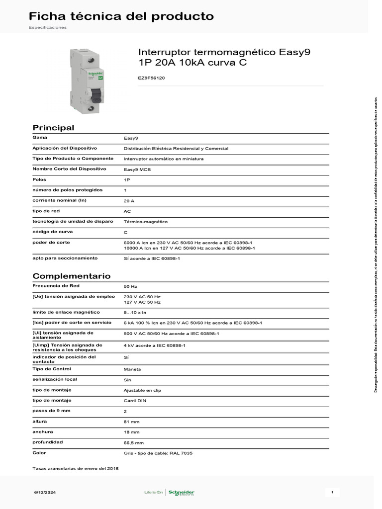 Interruptor termomagnético Easy9 20A | PDF | Residuos | Ingenieria ...