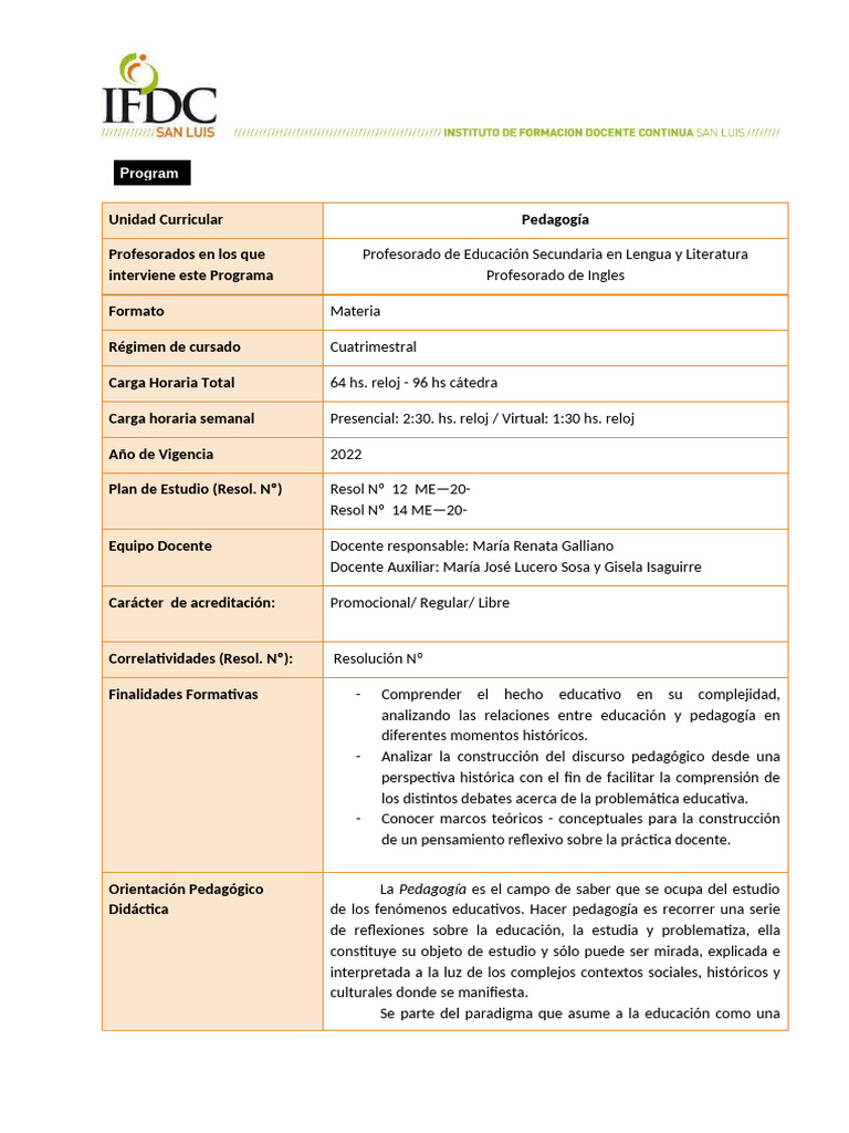 Programa Pedagogia 2022 2 | PDF | Evaluación | Maestros