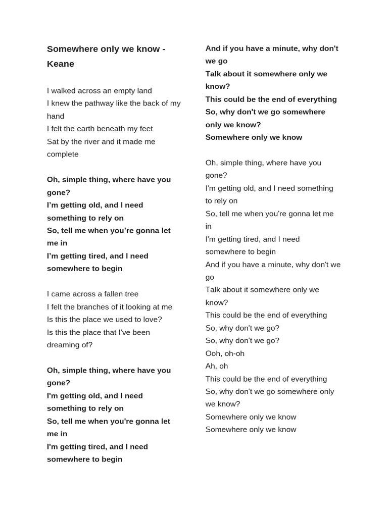 Keane - Somewhere Only We Know Lyrics | PDF