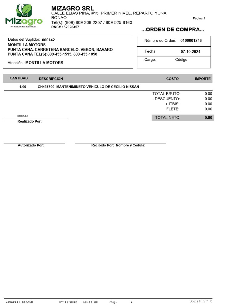 Orden de Compra Mantenimiento Vehículo | PDF