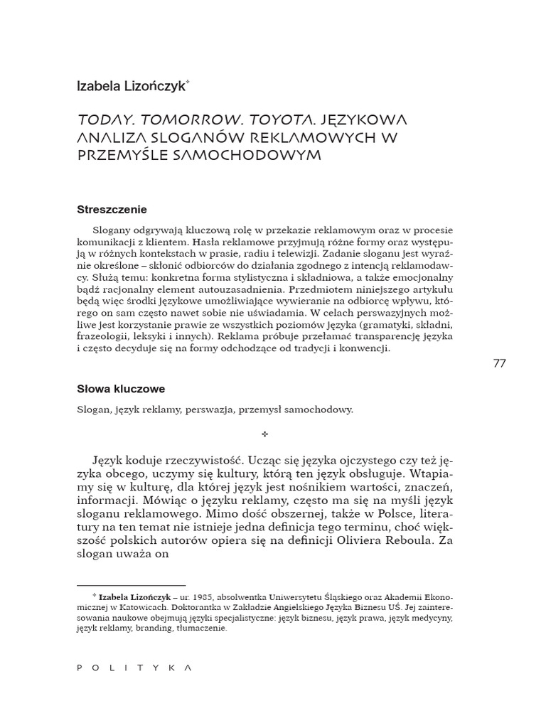 Izabela Lizo czyk - Today. Tomorrow. Toyota. J zykowa analiza sloganуw ...