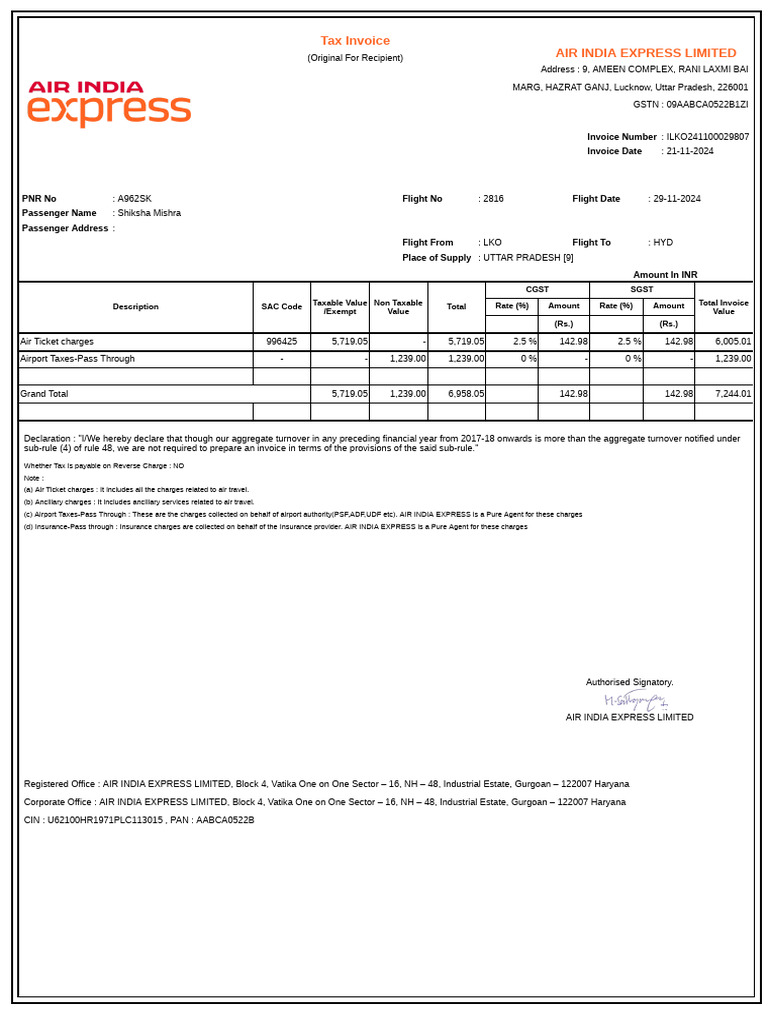 Air India Express Tax Invoice | PDF | Economies | Public Finance