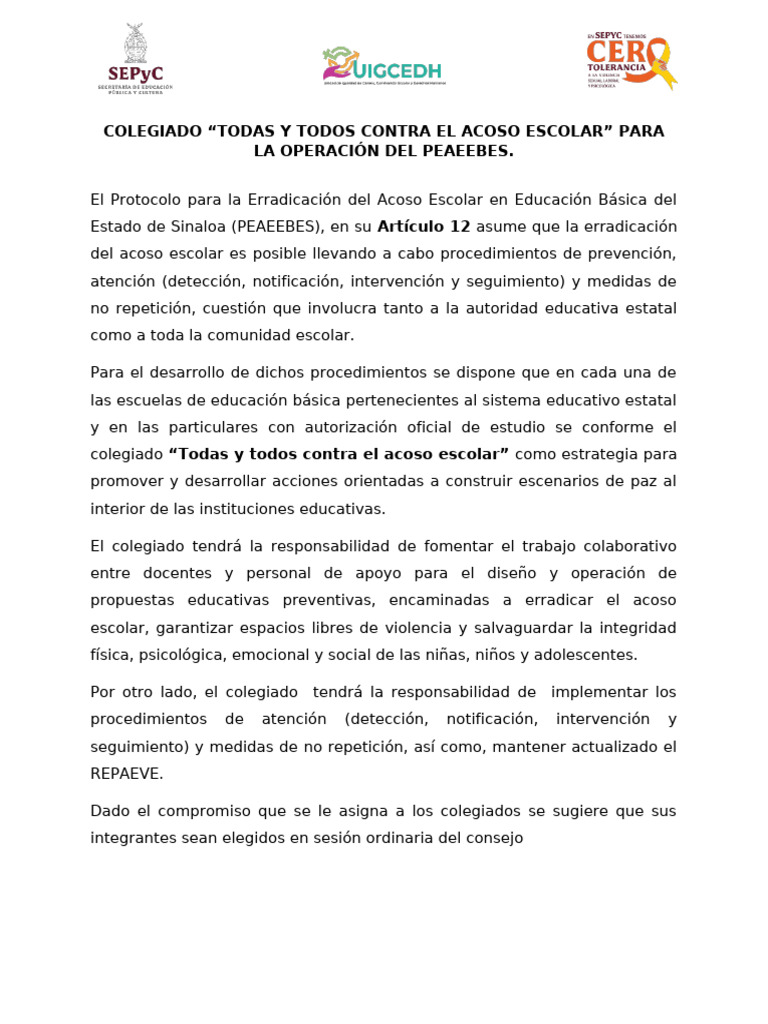 Colegiado Todas y Todos Contra El Acoso Escolar | PDF | Escuelas ...