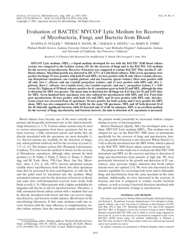 Fuller Et Al 2001 Evaluation of Bactec Myco F Lytic Medium For Recovery ...