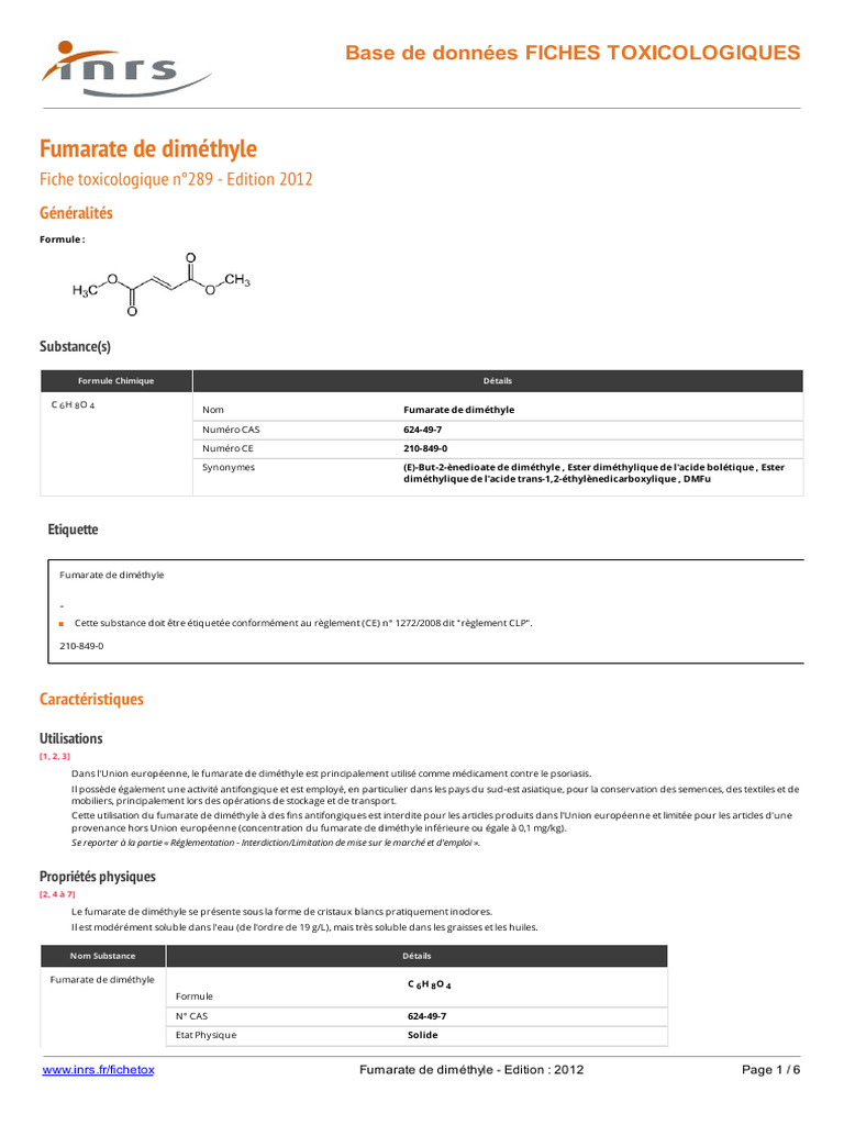 Fumarate de diméthyle : Fiche toxicologique 2012 | PDF | Toxicologie