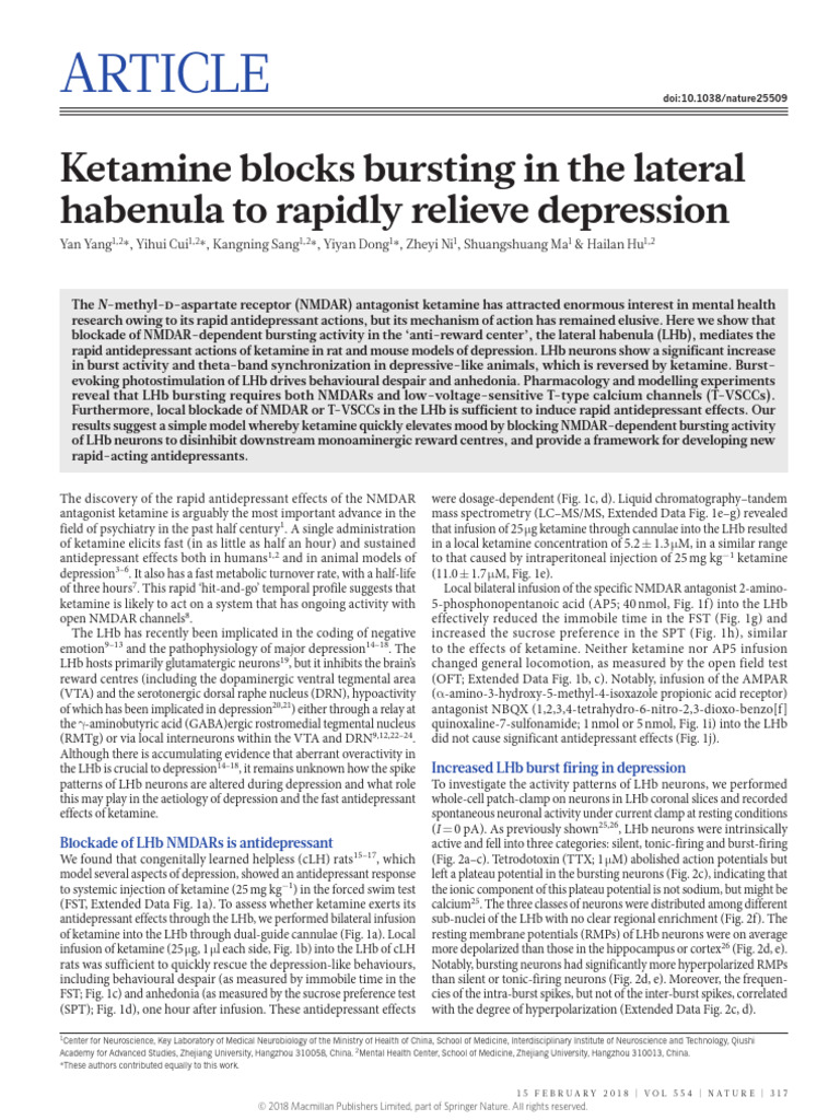 Nature - Ketamine Blocks Bursting in The Lateral Habenula To Rapidly ...
