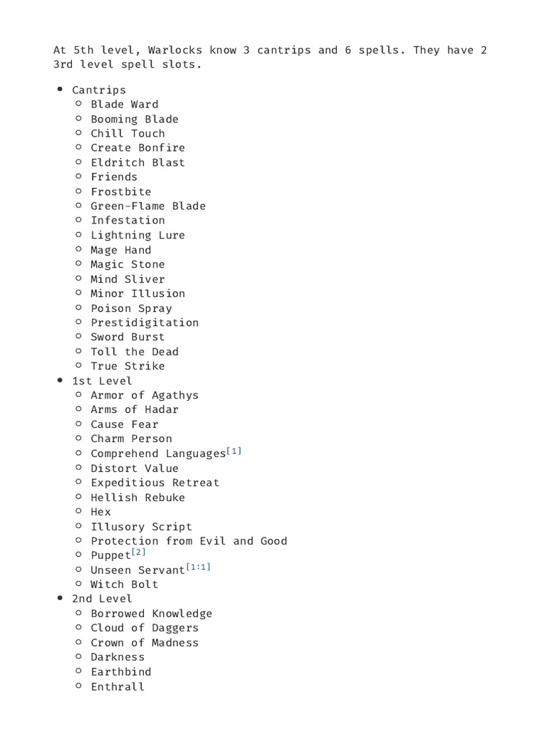 Warlock Spell List 5 E