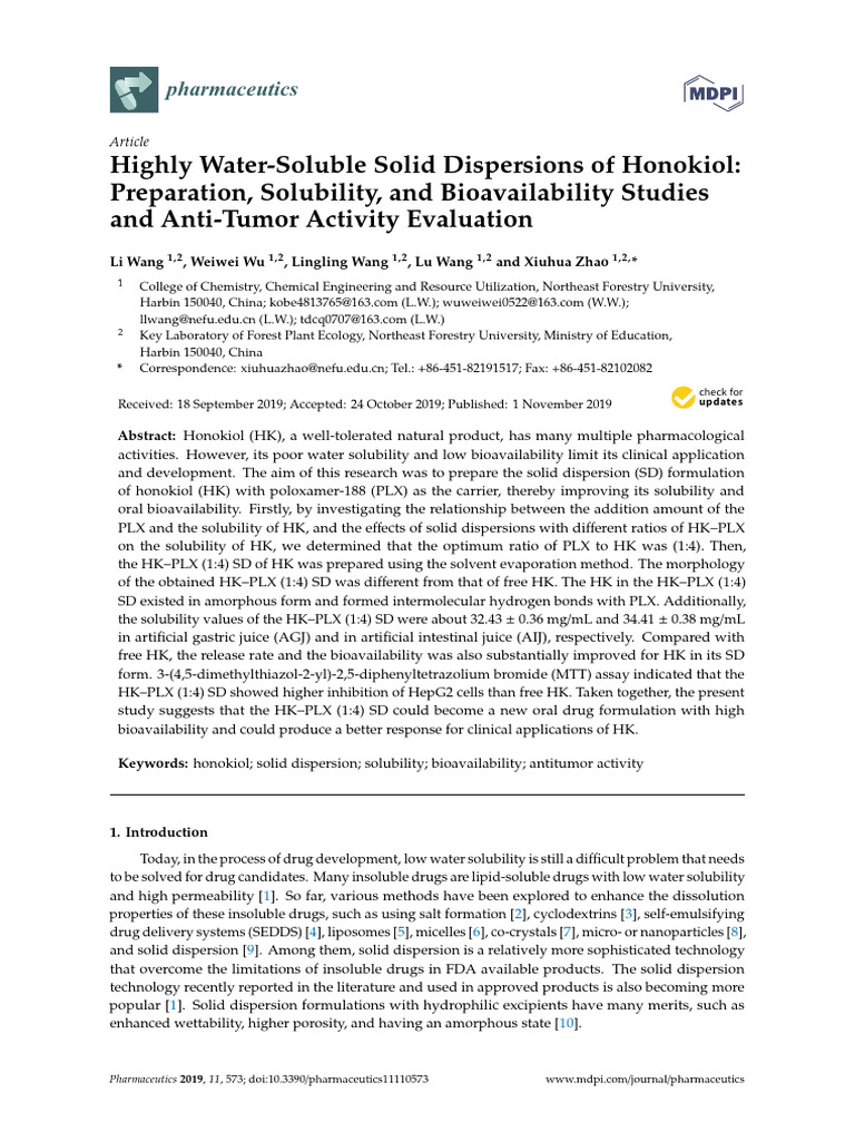 Honokiol Solid Dispersions: Solubility & Bioavailability | PDF | Gas ...