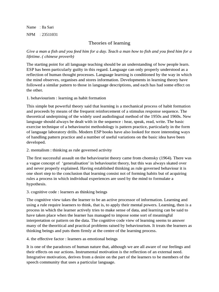 Learning Theories in ESP Teaching | PDF | Learning | Behaviorism