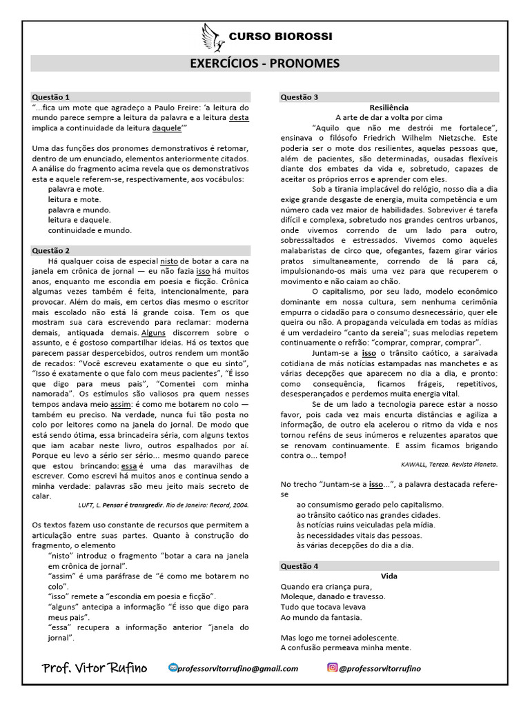 Exercícios sobre Pronomes e Análise Textual | PDF | Pronome | Palavra