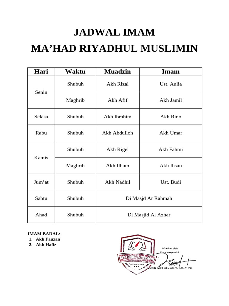 Jadwal Imam Rimus Fix | PDF