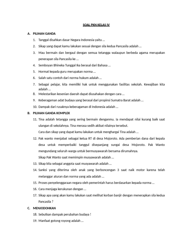 Soal PKN Kelas IV: Pancasila dan Keberagaman | PDF