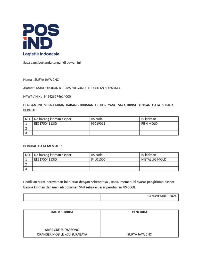 Perubahan HS Code Ekspor Surya Jaya CNC | PDF