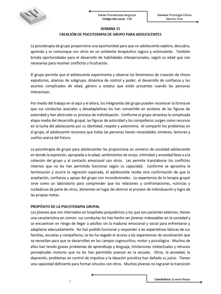 Semana 15 - Creación de Psicoterapia de Grupo para Adolescentes | PDF ...
