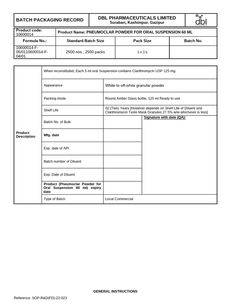 Batch Packaging Record for Pneumoclar | PDF | Packaging And Labeling ...