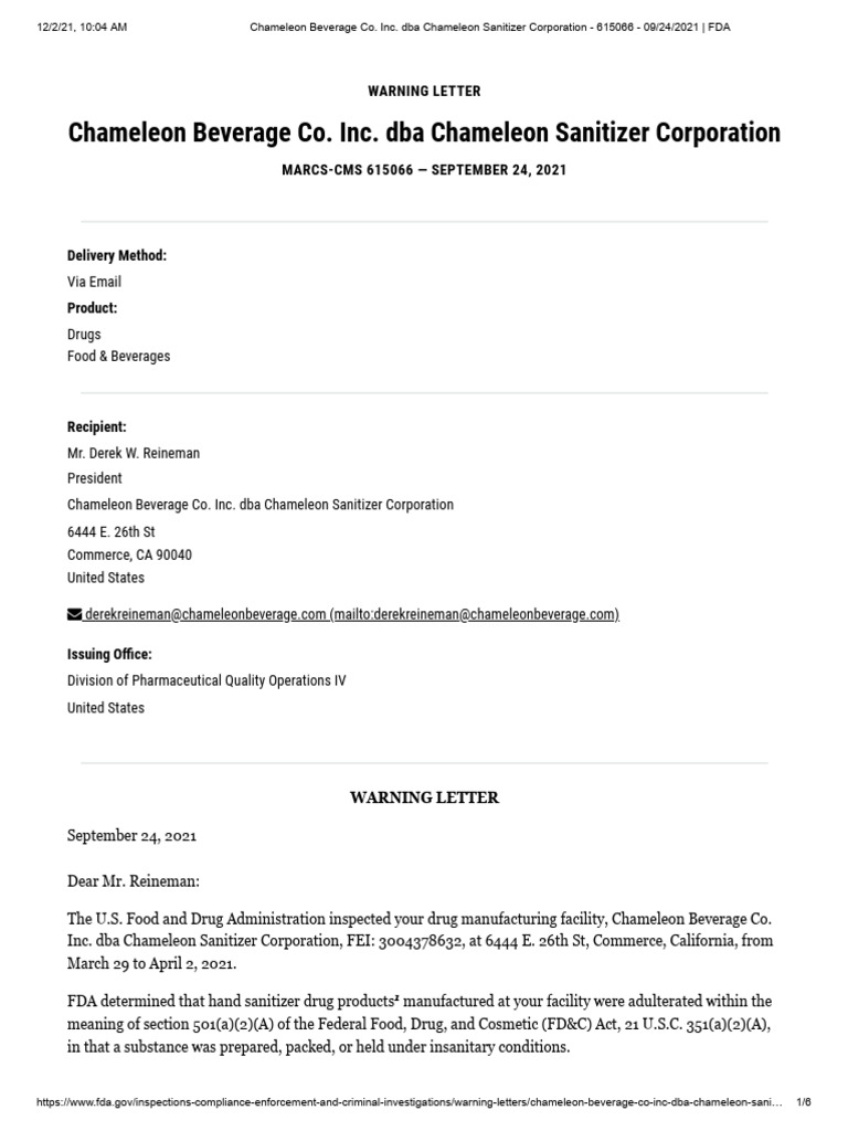 FDA Warning Letter Sanitizer Sep, 2021 (6 Pages) | PDF | Food And Drug ...