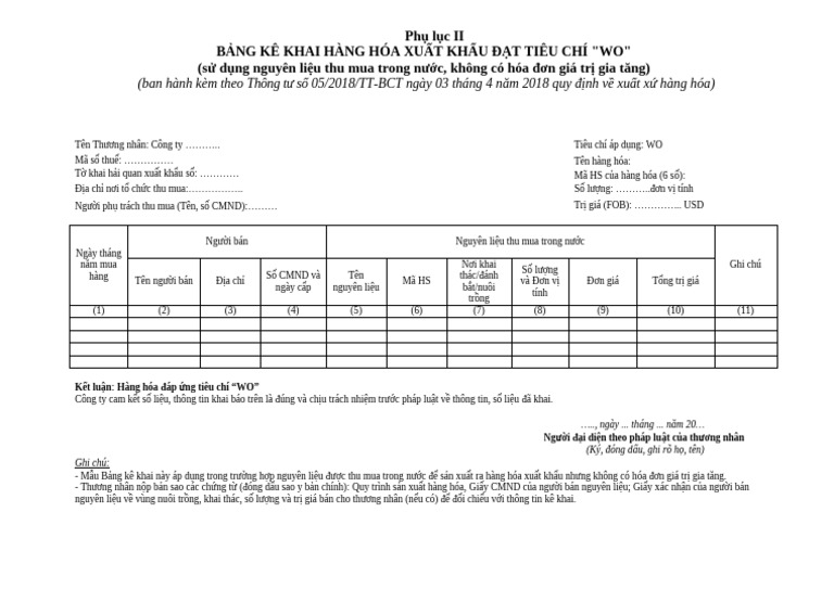2 - Phu Luc II - Bang Ke Khai WO-nguyen Lieu K Co VAT TT05 2018.4.3 | PDF