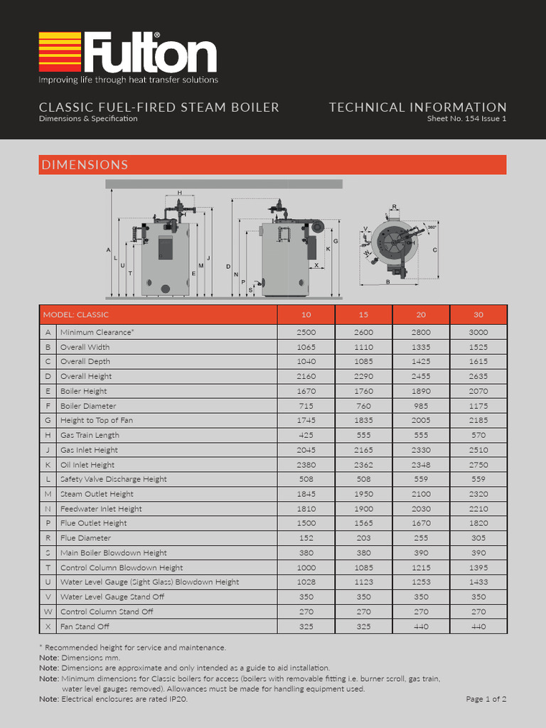 Classic Boiler Dimensions and Specs | PDF | Boiler | Energy Technology