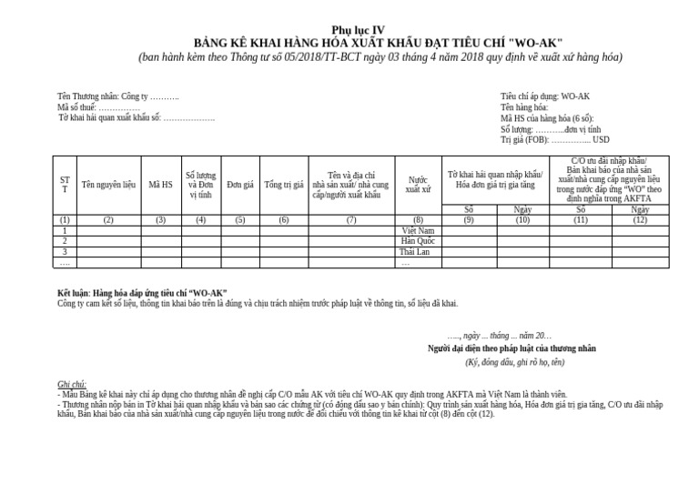 4 - Phu Luc IV - Bang Ke Khai WO-AK (AKFTA) TT05 2018.4.3 | PDF