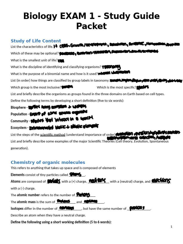 Biology Exam 1 Study Guide Overview | PDF | Cell (Biology) | Cell Membrane