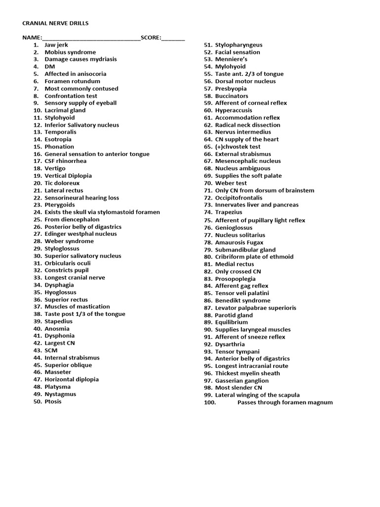 Essential Cranial Nerve Drills Guide | PDF | Human Head And Neck ...