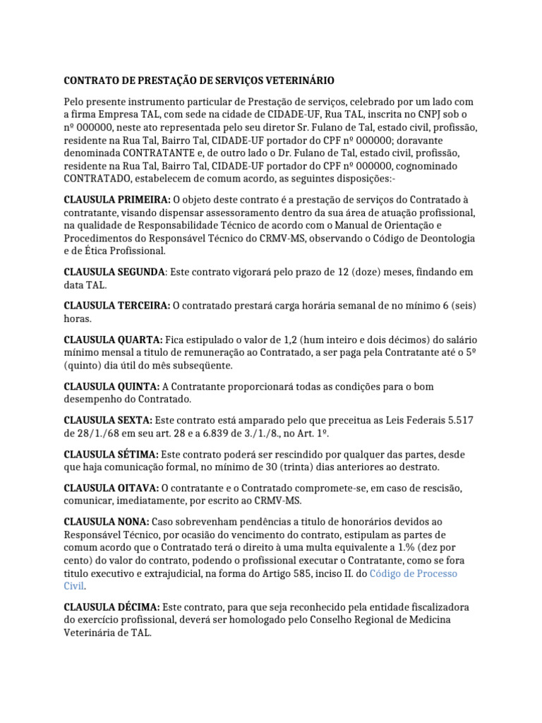 Contrato De Presta o De Servi os Veterin rios PDF Sal rio