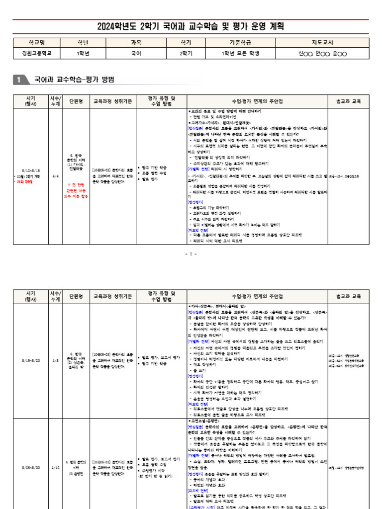 2024학년도 1학년 2학기 교수학습 및 평가 운영 계획 2 | PDF