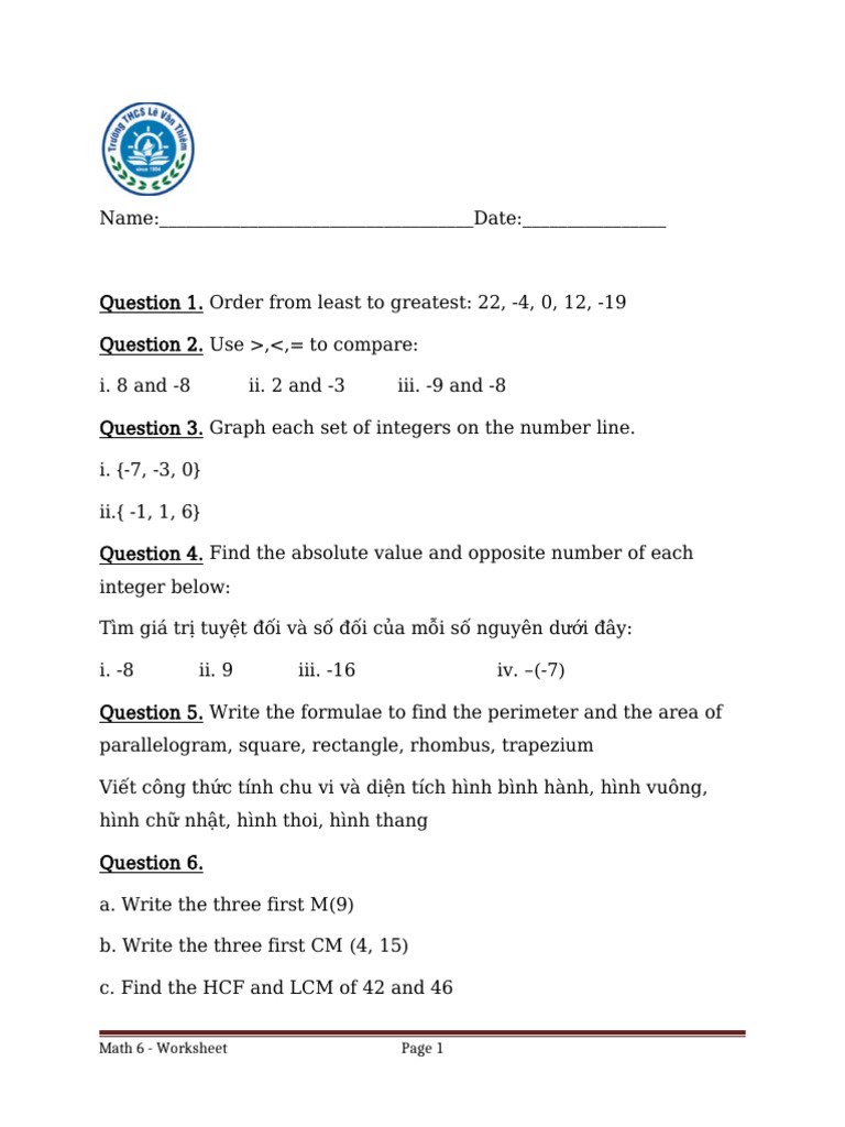 Math 6 Worksheet: Integers & Geometry | PDF