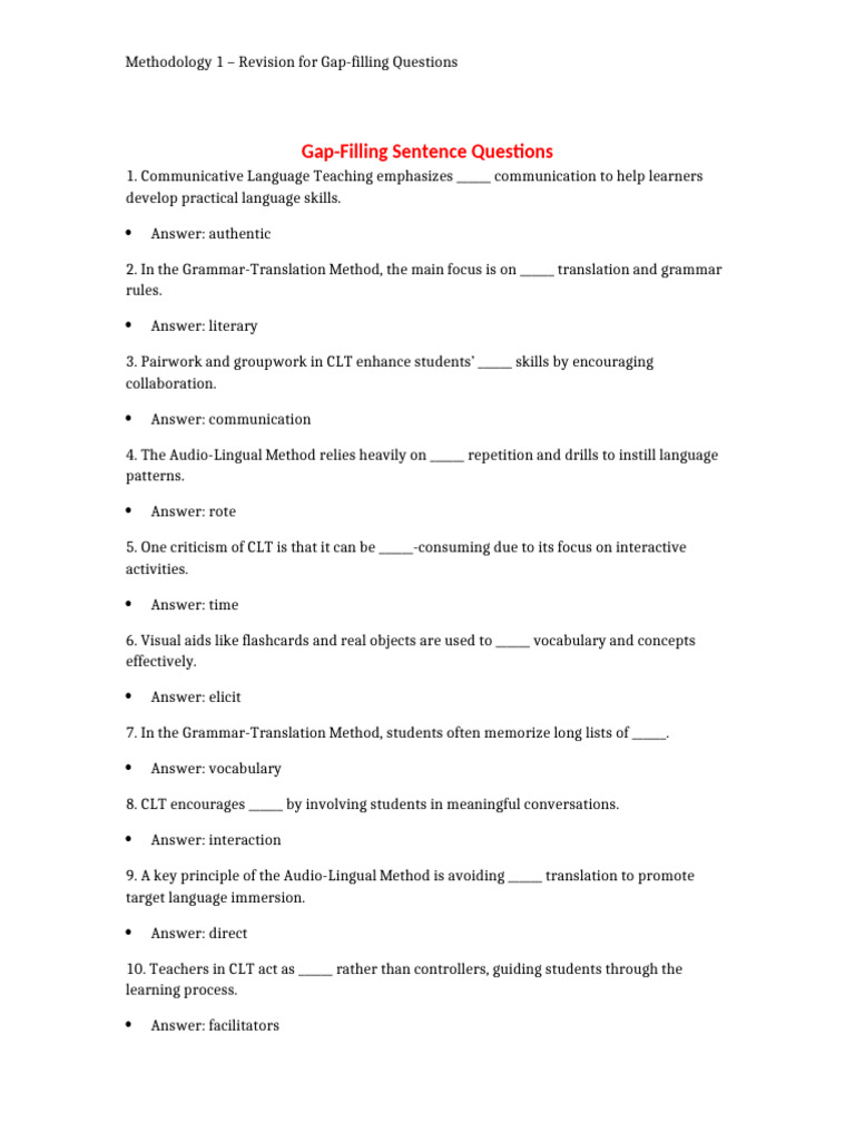 Gap-Filling Questions for Language Methodologies | PDF | Education ...