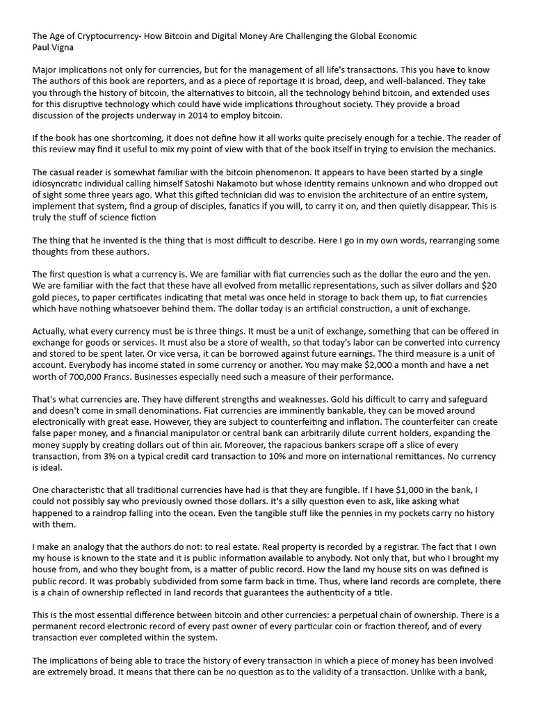 The Age of Cryptocurrency - How Bitcoin and Digital Money Are Challenging  The Global Economic | PDF | Bitcoin | Money