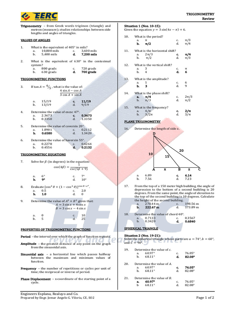 Trigonometry Review for Engineers | PDF | Trigonometry | Longitude