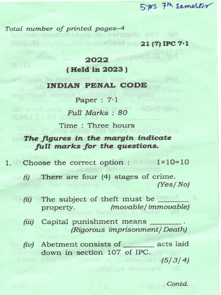 5yr LLB 22 7th Sem Indian Panel Code | PDF