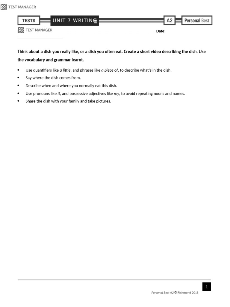 Personal Best A2 Unit 7 Writing Test | PDF