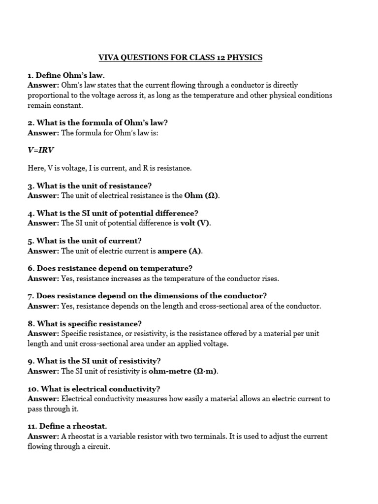 Cbse class 12 physics viva questions and answers pdf electrical