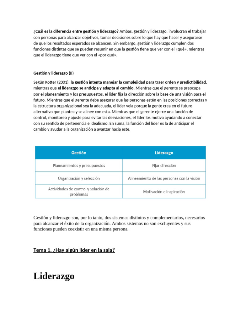 Gestión vs Liderazgo: Claves y Diferencias | PDF | Liderazgo | Las ...